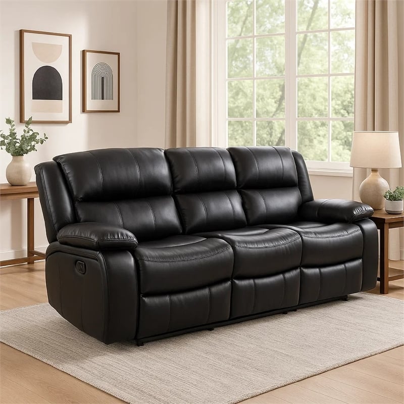 Mila Manual Recliner Sofa- Black Faux Leather- Pillow Top Arms- 86 Inch