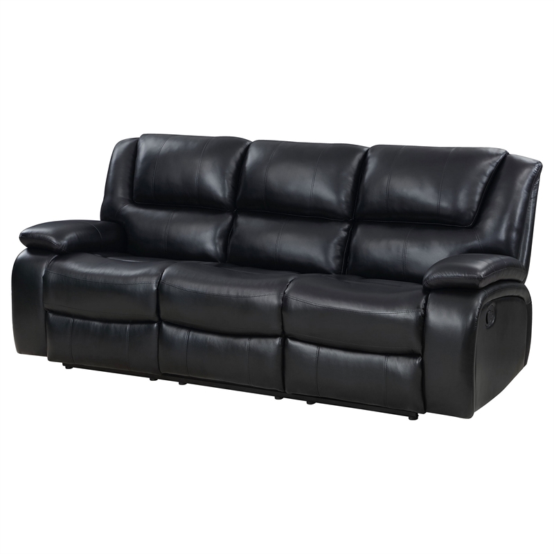 Mila Manual Recliner Sofa- Black Faux Leather- Pillow Top Arms- 86 Inch