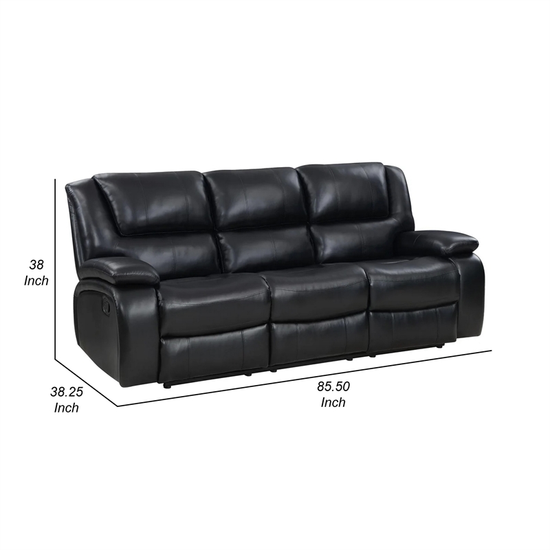 Mila Manual Recliner Sofa- Black Faux Leather- Pillow Top Arms- 86 Inch