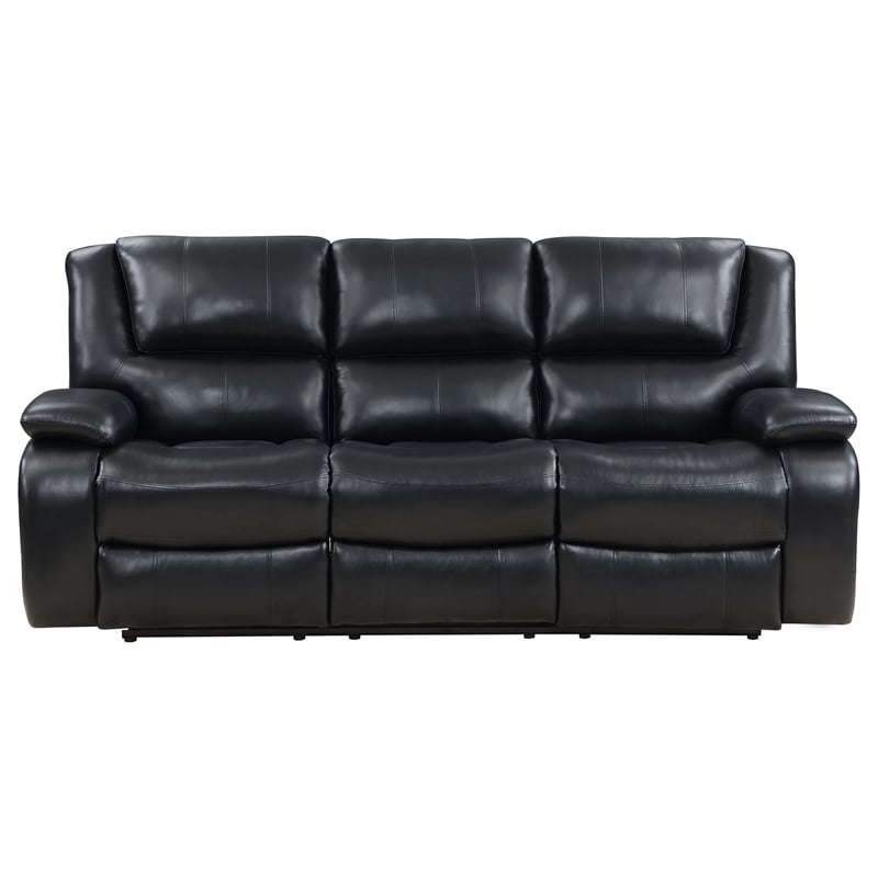 Mila Manual Recliner Sofa- Black Faux Leather- Pillow Top Arms- 86 Inch