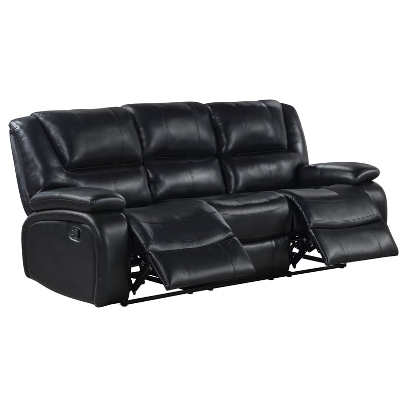 Mila Manual Recliner Sofa- Black Faux Leather- Pillow Top Arms- 86 Inch