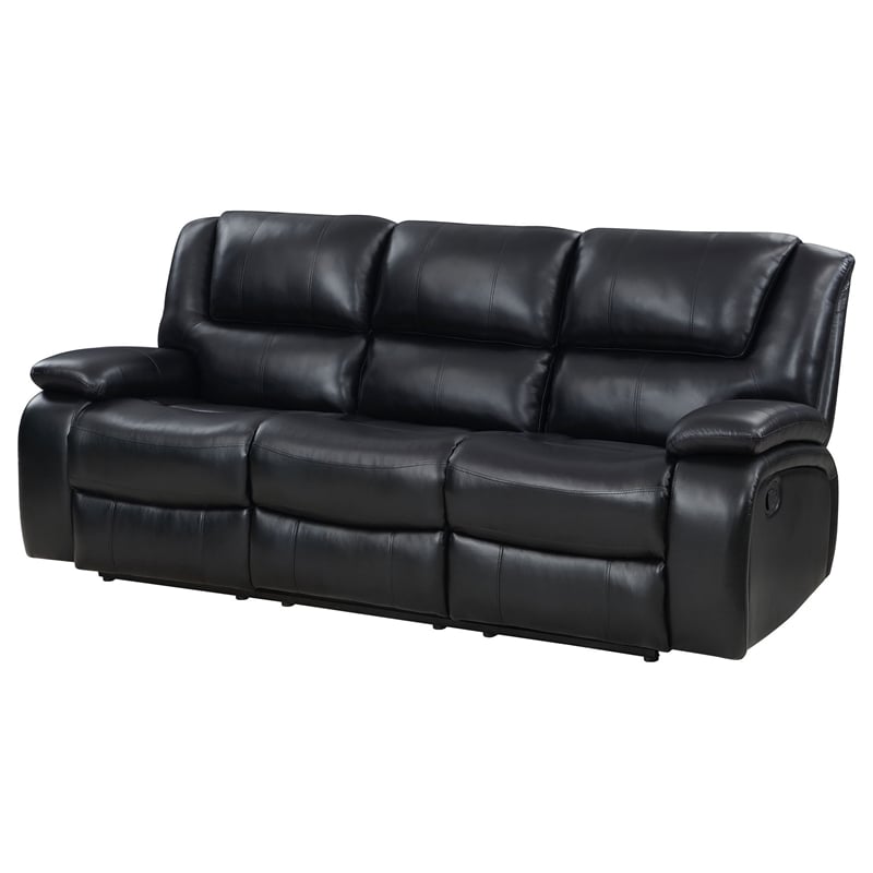 Mila Manual Recliner Sofa- Black Faux Leather- Pillow Top Arms- 86 Inch