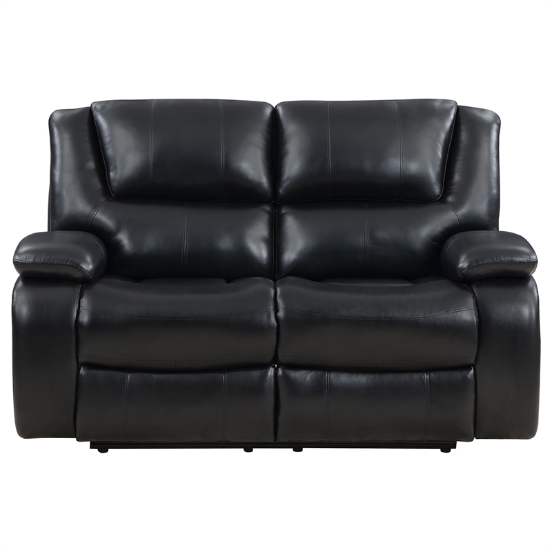 Mila Manual Recliner Loveseat- Black Faux Leather- Pillow Top Arms- 62 Inch