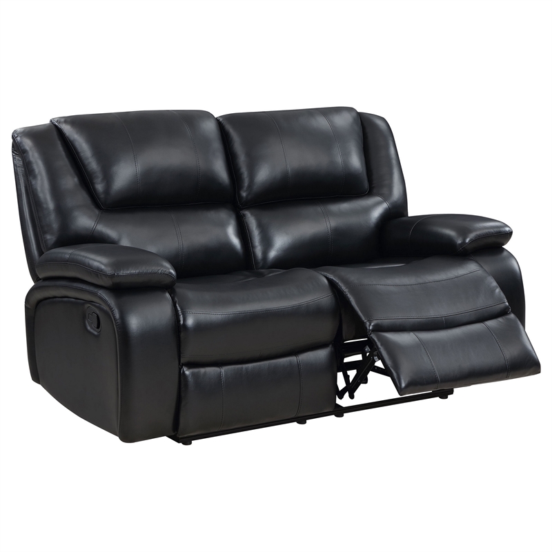 Mila Manual Recliner Loveseat- Black Faux Leather- Pillow Top Arms- 62 Inch