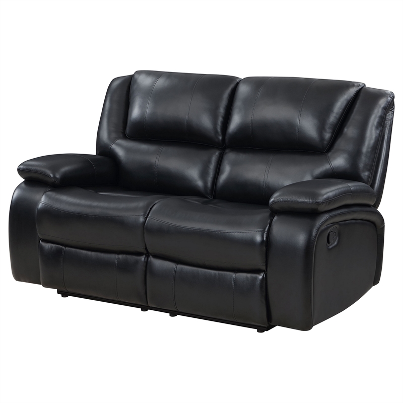 Mila Manual Recliner Loveseat- Black Faux Leather- Pillow Top Arms- 62 Inch