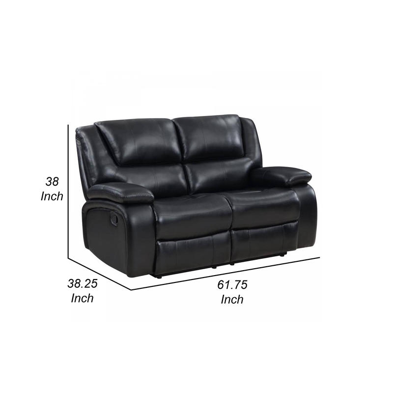 Mila Manual Recliner Loveseat- Black Faux Leather- Pillow Top Arms- 62 Inch
