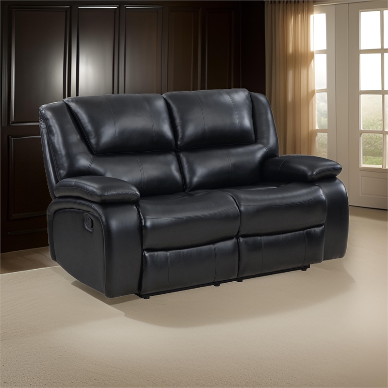 Mila Manual Recliner Loveseat- Black Faux Leather- Pillow Top Arms- 62 Inch