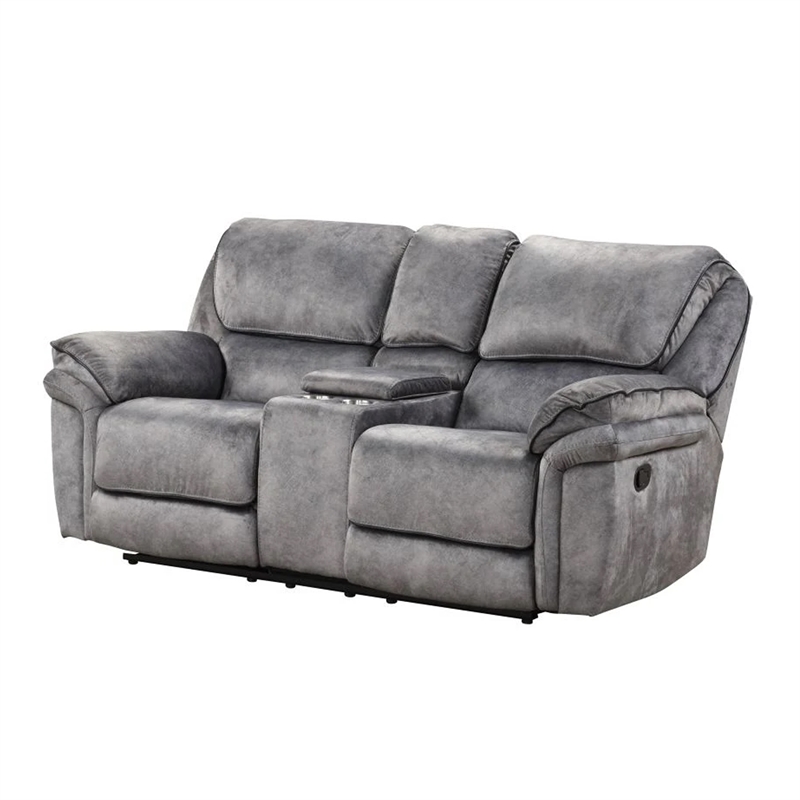 Remma Manual Recliner Loveseat- Gray Faux Leather- Console with Cupholders