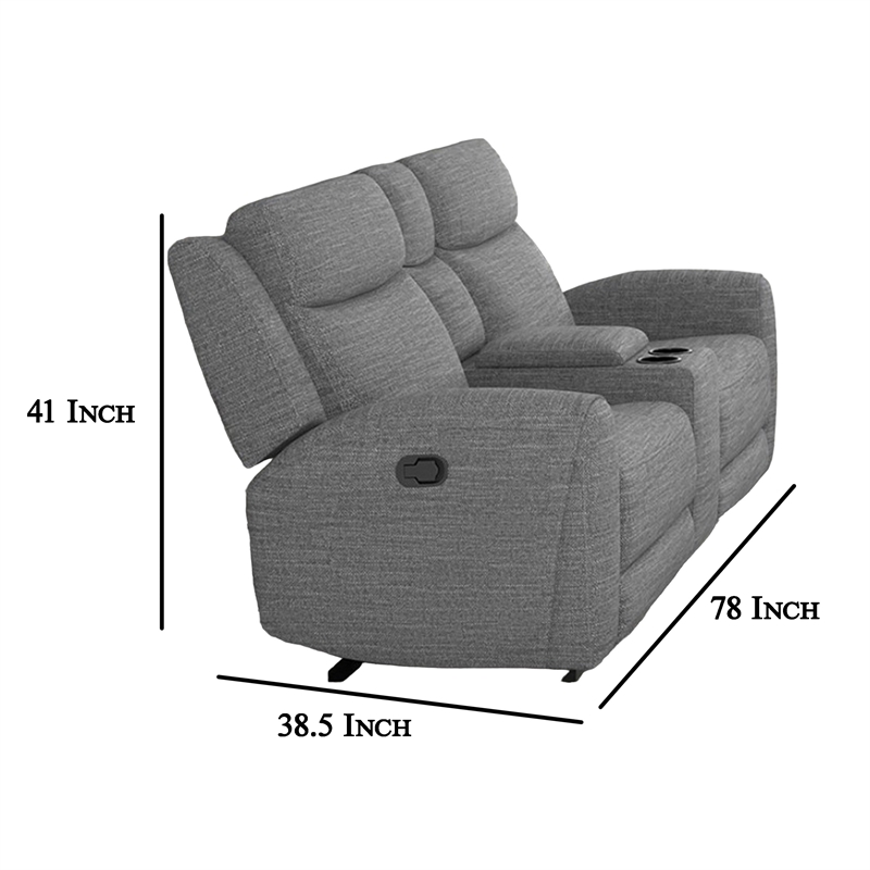 Cory Manual Recliner Loveseat- 78 Inch- Center Console- Gray Polyester
