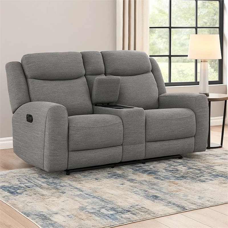 Cory Manual Recliner Loveseat- 78 Inch- Center Console- Gray Polyester