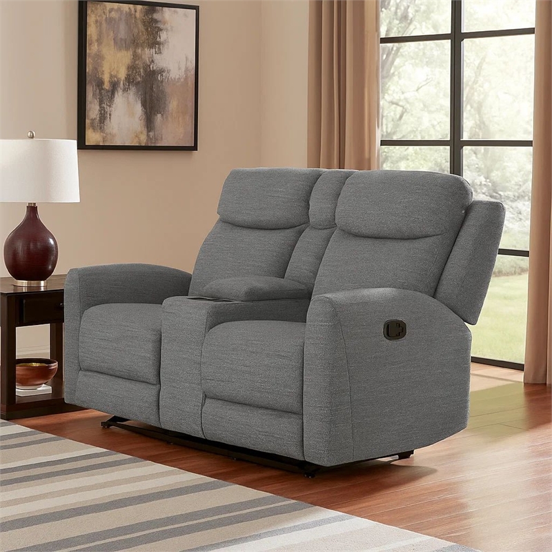 Cory Manual Recliner Loveseat- 78 Inch- Center Console- Gray Polyester