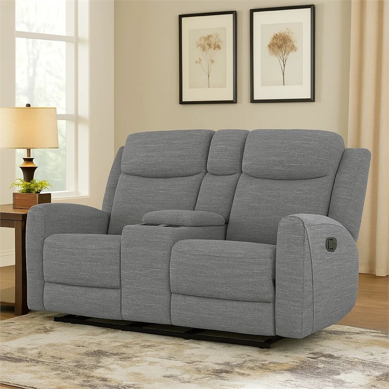 Cory Manual Recliner Loveseat- 78 Inch- Center Console- Gray Polyester