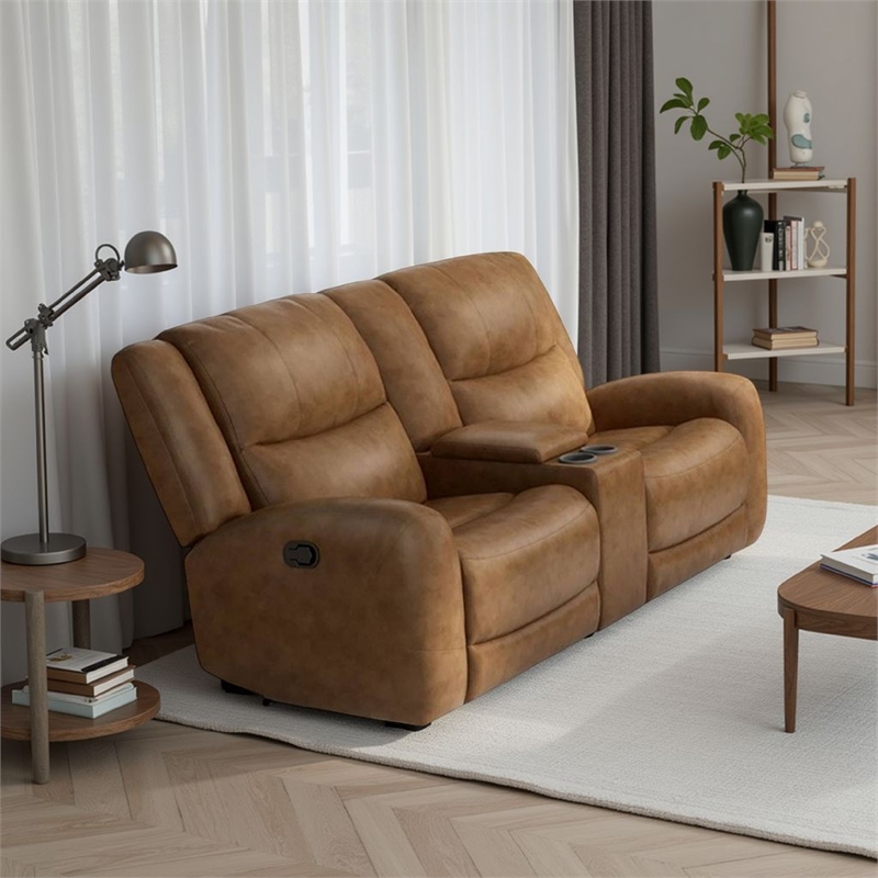 Leos Loveseat- Manual Reclining- Center Console- 79 Inch- Brown Leather
