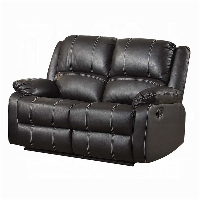 Zuru Motion Manual Recliner Loveseat- Pillow Top- Black Faux Leather
