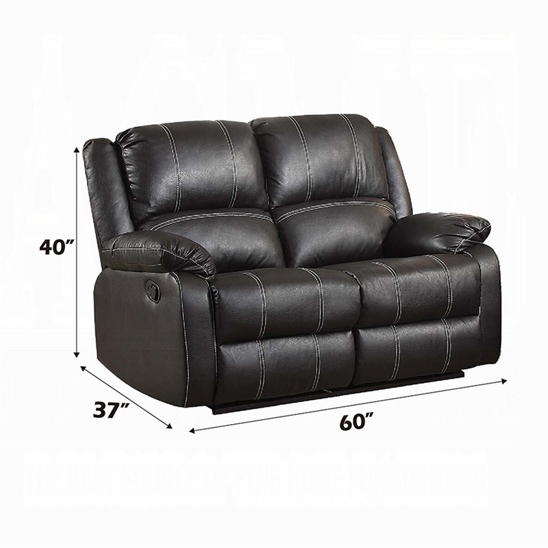 Zuru Motion Manual Recliner Loveseat- Pillow Top- Black Faux Leather