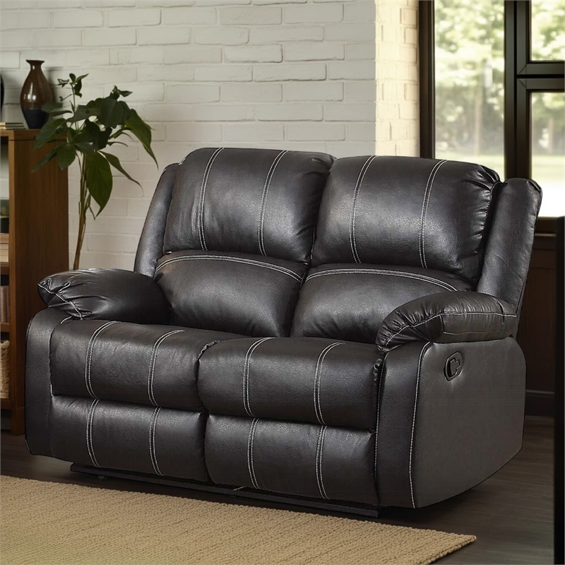 Zuru Motion Manual Recliner Loveseat- Pillow Top- Black Faux Leather