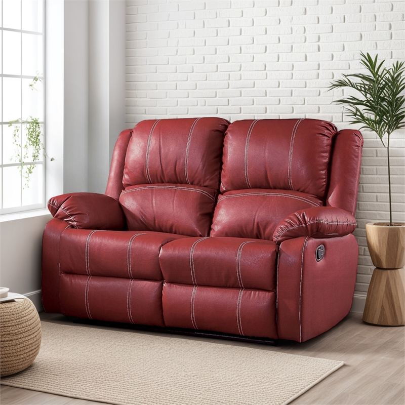 Zuru Motion Manual Recliner Loveseat- Pillow Top- Red Faux Leather