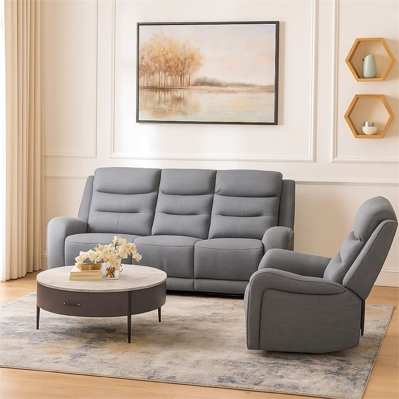 Clair 2 Piece Manual Reclining Sofa and Loveseat- Solid Wood- Gray Fabric