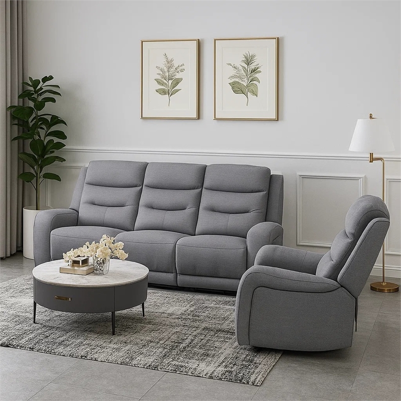 Clair 2 Piece Manual Reclining Sofa and Loveseat- Solid Wood- Gray Fabric