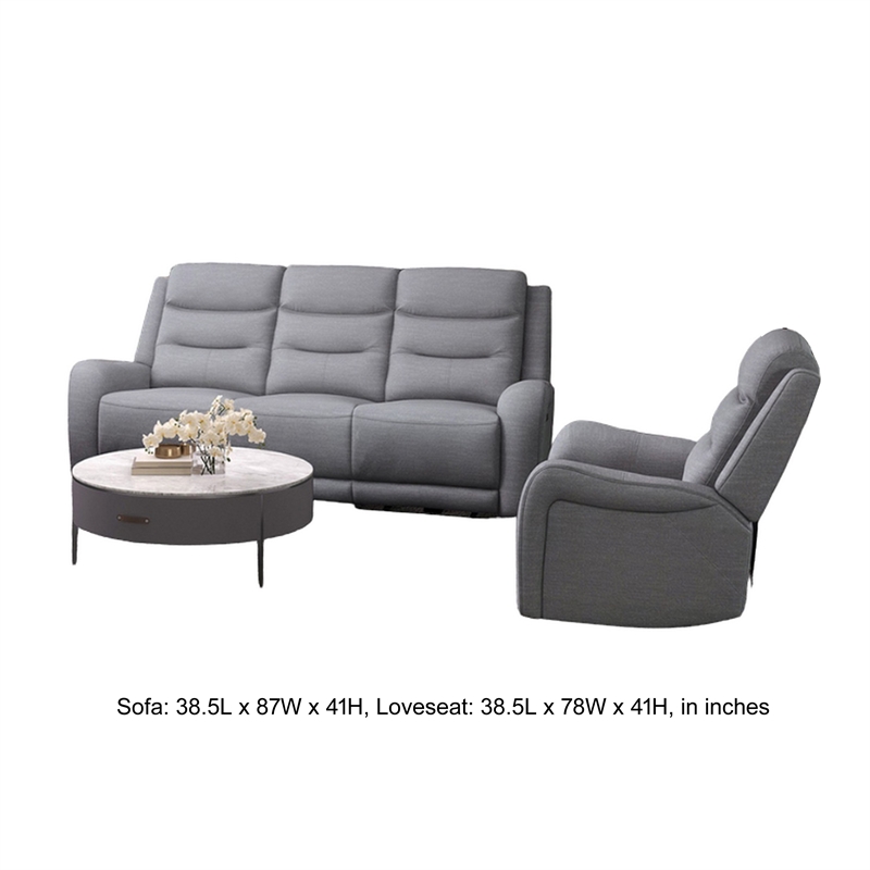 Clair 2 Piece Manual Reclining Sofa and Loveseat- Solid Wood- Gray Fabric