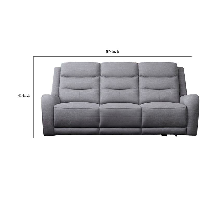 Clair Manual Recliner Sofa- Scroll Arms- 87 Inch- Solid Wood- Gray Fabric