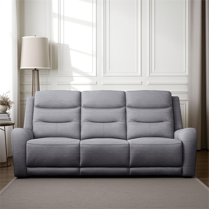 Clair Manual Recliner Sofa- Scroll Arms- 87 Inch- Solid Wood- Gray Fabric