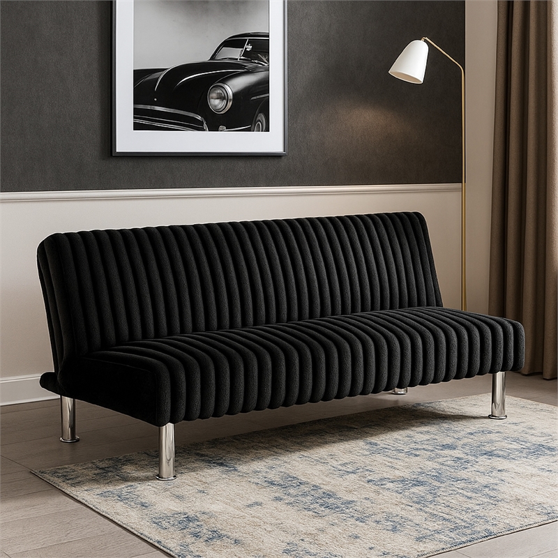 Hini Fold Out Futon Sofa Bed- Rich Black- Modern Chrome Metal Legs