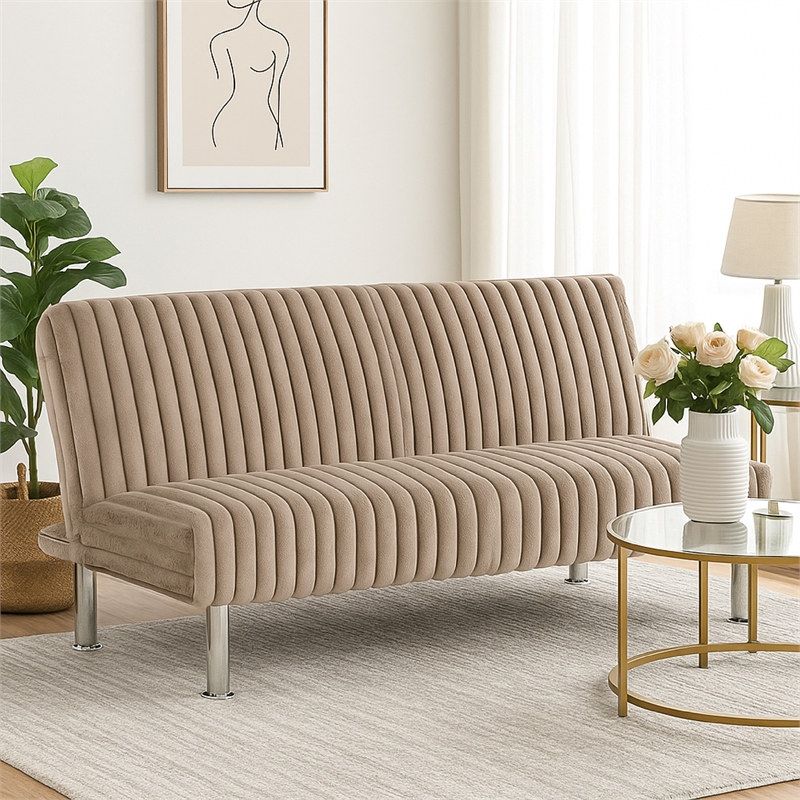 Hini Fold Out Futon Sofa Bed- Taupe Brown- Modern Chrome Metal Legs