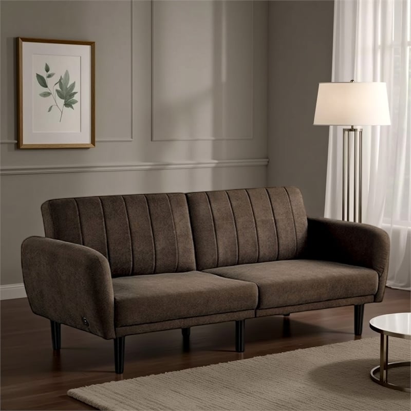 Arz Fold Out Futon Sofa Bed- Dark Brown- Retro Channel Tufted Back