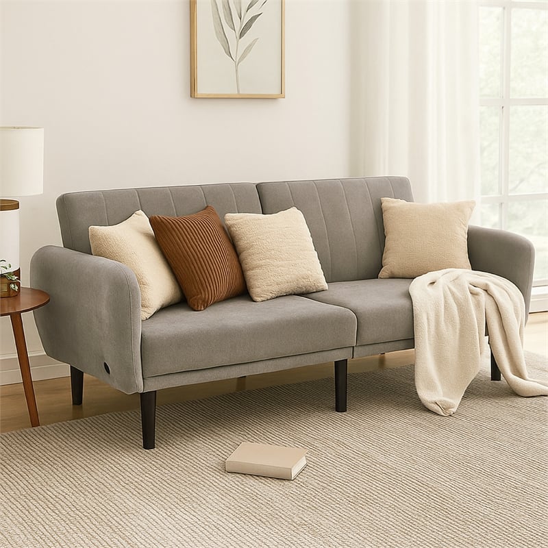 Arz Fold Out Futon Sofa Bed- Light Gray- Retro Channel Tufted Back