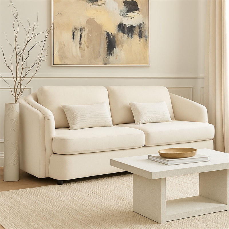 Riku Sofa- 2 Lumbar Pillows- 84 Inch- Beige Linen- Modern Shape