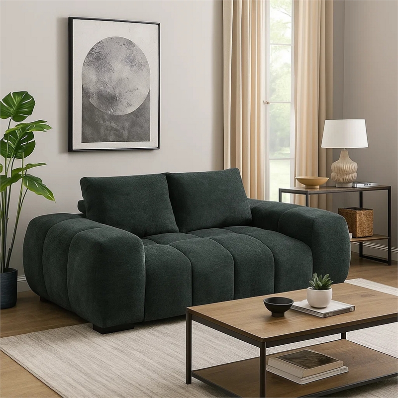 Errand Loveseat- Dark Green Chenille- Foam Cushions- Pine Wood 74 Inch