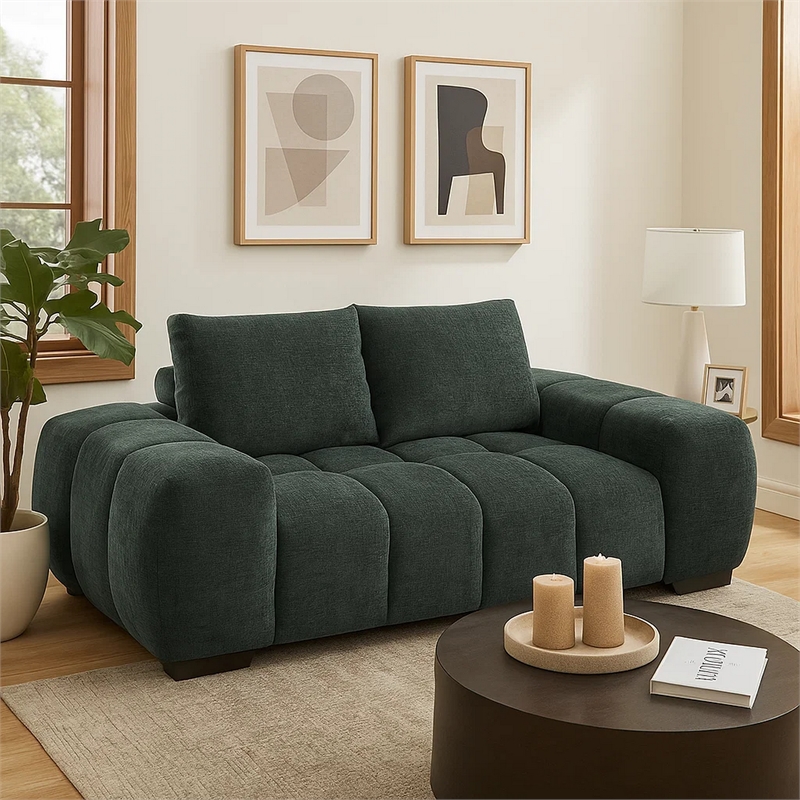 Errand Loveseat- Dark Green Chenille- Foam Cushions- Pine Wood 74 Inch