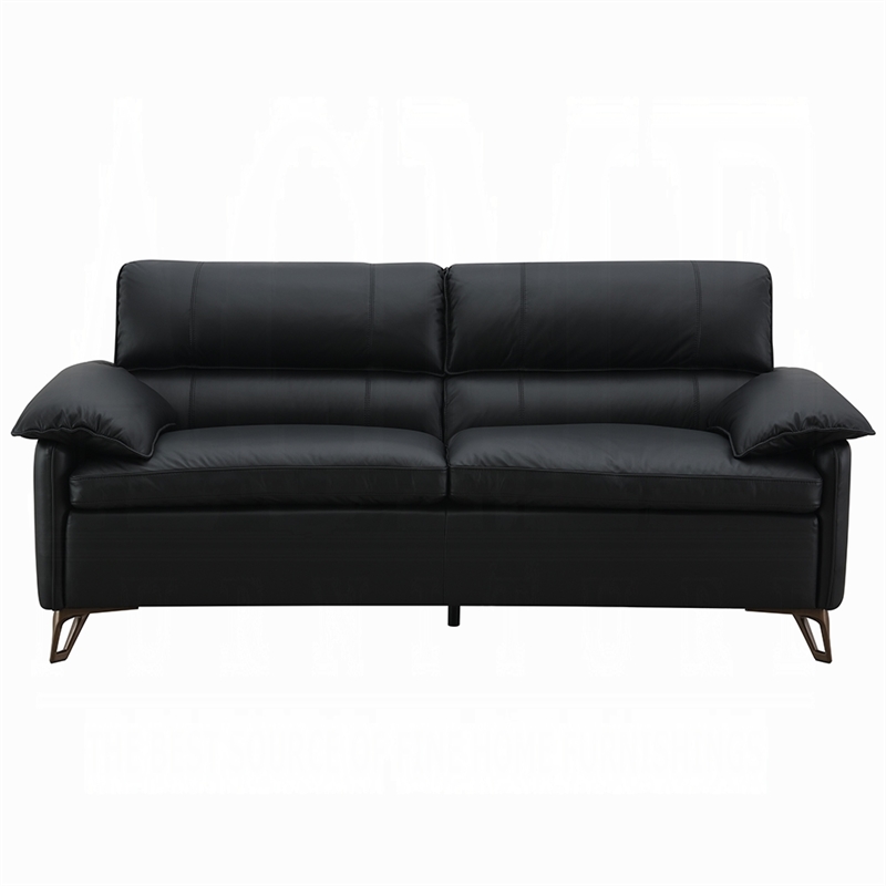 Bernie Sofa- Sleek Black Top Grain Leather- Bronze Metal- 83 Inch