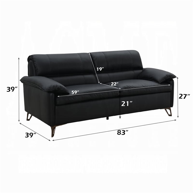 Bernie Sofa- Sleek Black Top Grain Leather- Bronze Metal- 83 Inch