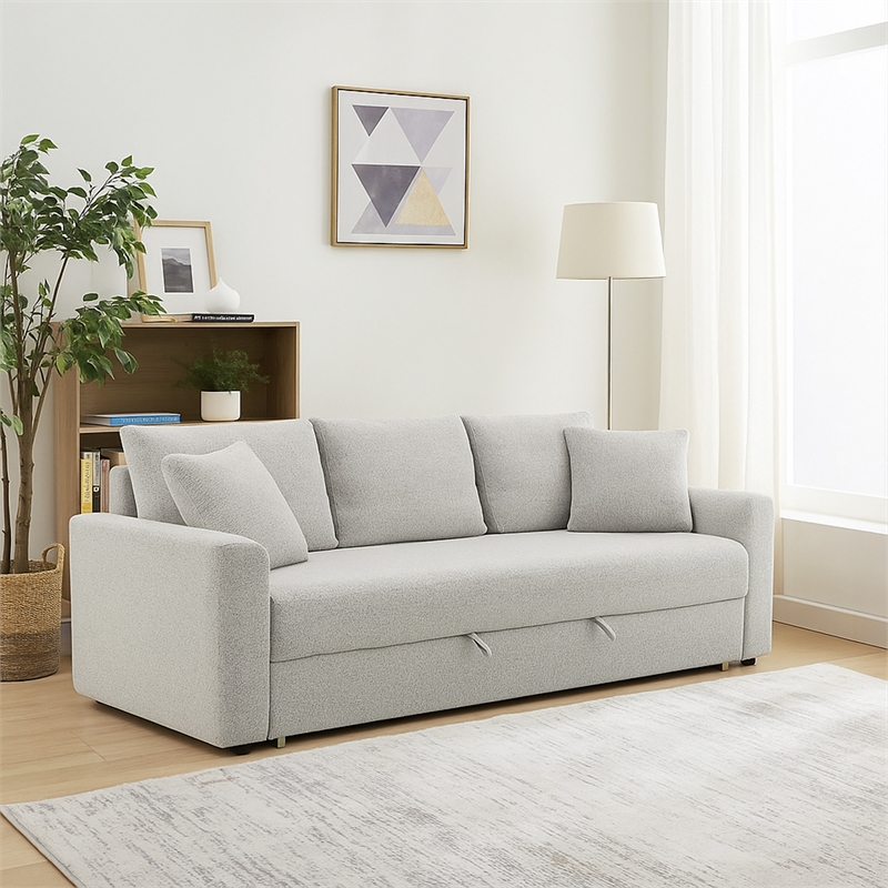 Conan Sleeper Sofa- Full Fold Out Bed- 2 Pillows- Gray Boucle- 89 Inch