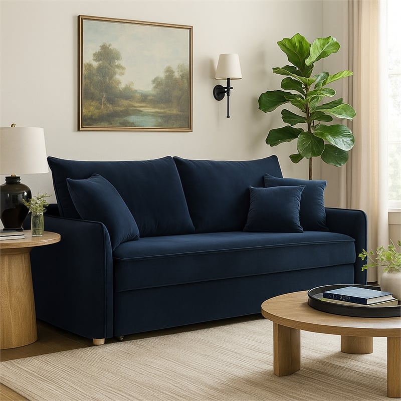 Leif Sleeper Sofa- Full Fold Out Bed- 3 Pillows- Blue Velvet 88 Inch