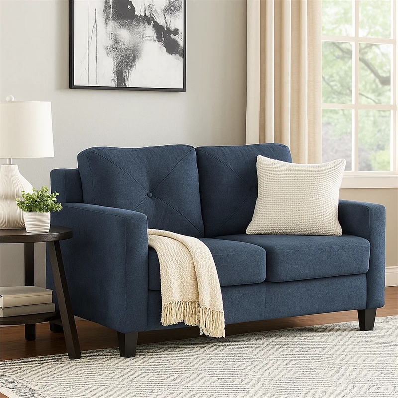 Royi Loveseat- Track Armrest- 58 Inch- Blue Fabric w Tufted Backrest