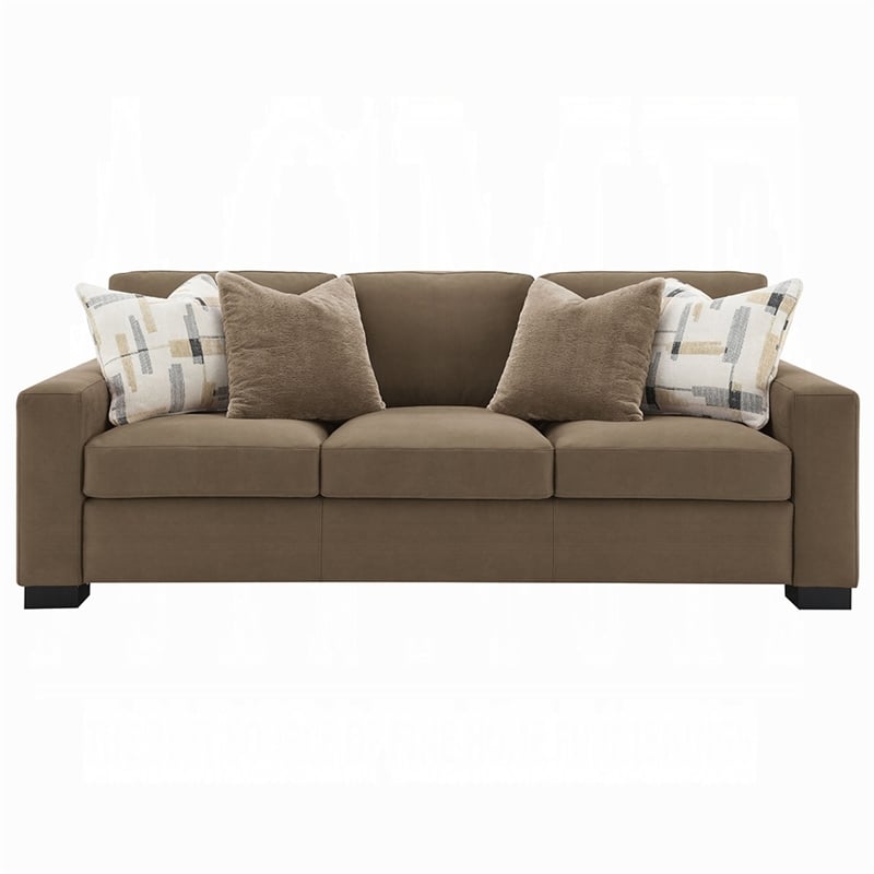Lenu Modern Sofa w 4 Accent Pillows- Soft Brown Suede Fabric- 89 Inch