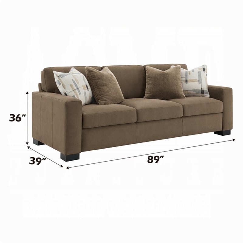 Lenu Modern Sofa w 4 Accent Pillows- Soft Brown Suede Fabric- 89 Inch