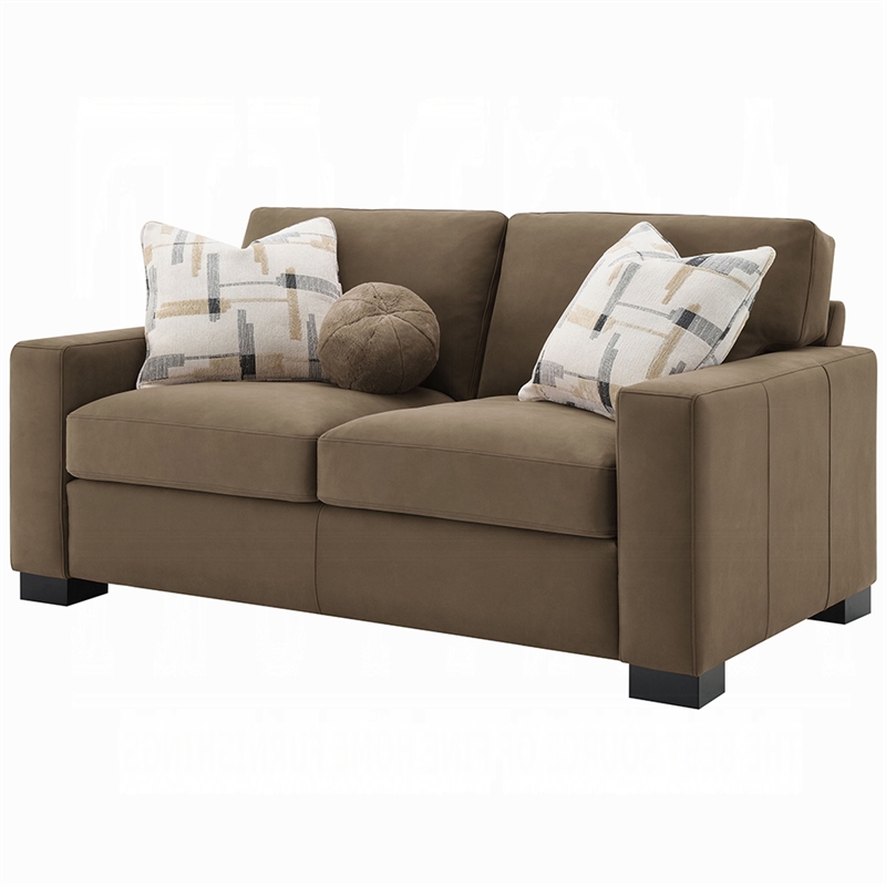 Lenu Modern Loveseat w 3 Accent Pillows- Brown Suede Fabric- 69 Inch