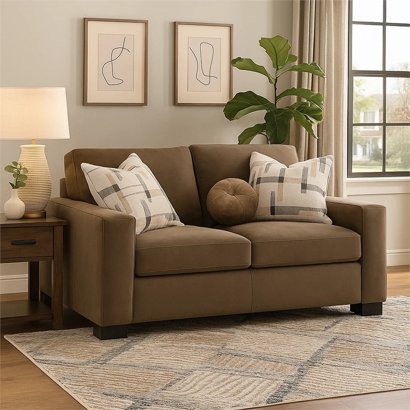 Lenu Modern Loveseat w 3 Accent Pillows- Brown Suede Fabric- 69 Inch