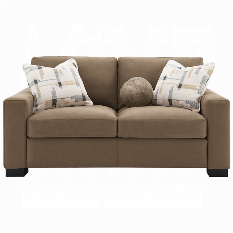 Lenu Modern Loveseat w 3 Accent Pillows- Brown Suede Fabric- 69 Inch