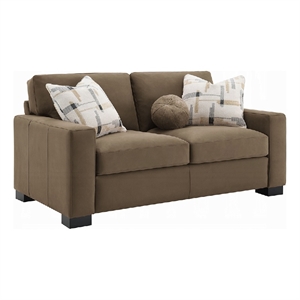 Lenu Modern Loveseat w 3 Accent Pillows- Brown Suede Fabric- 69 Inch