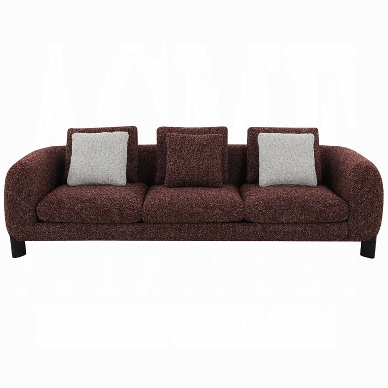 Meru Sofa w 3 Accent Pillows- Maroon Wine Red Tweed Fabric- 109 Inch