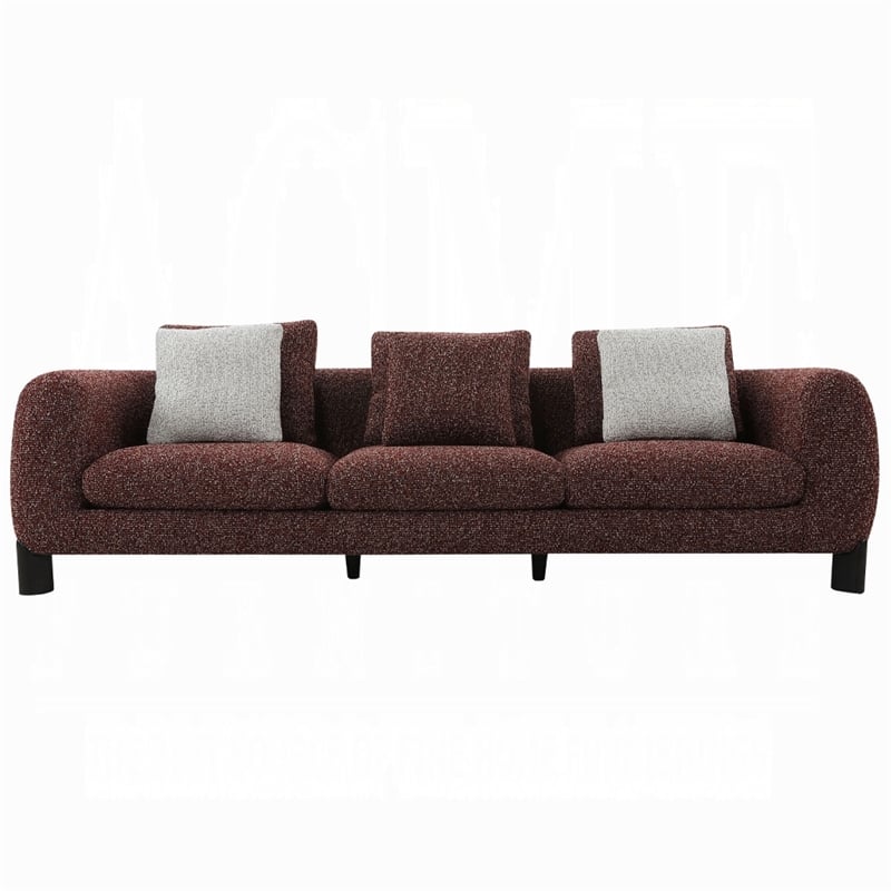 Meru Sofa w 3 Accent Pillows- Maroon Wine Red Tweed Fabric- 109 Inch