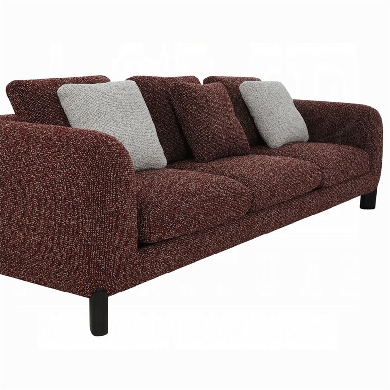 Meru Sofa w 3 Accent Pillows- Maroon Wine Red Tweed Fabric- 109 Inch