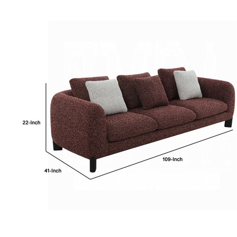 Meru Sofa w 3 Accent Pillows- Maroon Wine Red Tweed Fabric- 109 Inch