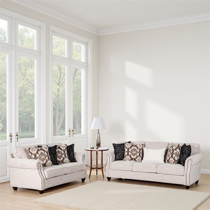 Serra 2pc Sofa and Loveseat Set- 9 Accent Pillows- Greige Polyester