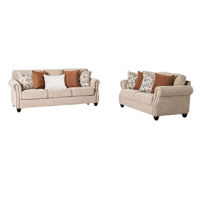 Bonie Sofa and Loveseat Set- Rolled Arms- 9 Pillows- Taupe Polyester